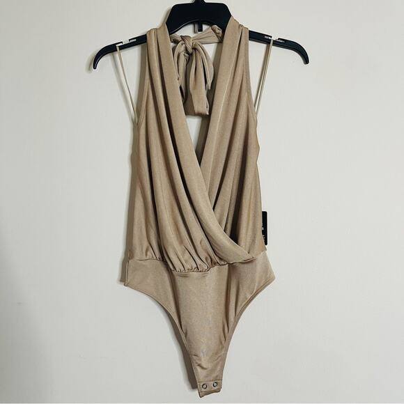 Express Shiny Halter Neck Wrap Front Bodysuit Thong Tan Gold Size M - Picture 2 of 6